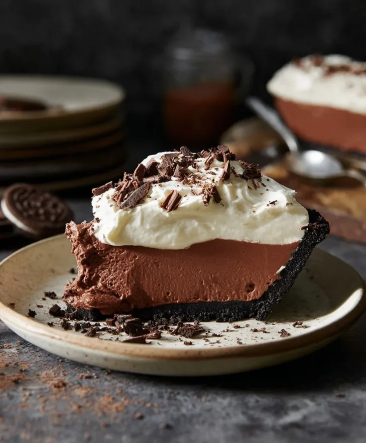 Slice of chocolate cream pie with Oreo crust and chocolate shavings served on a plate.