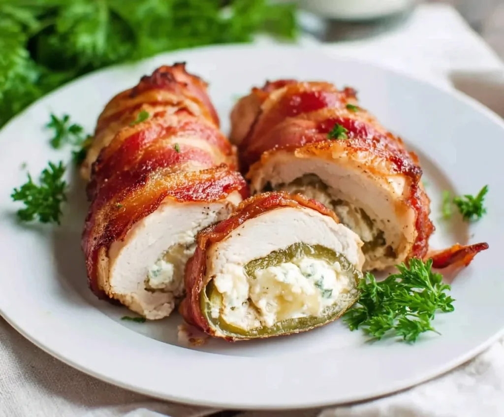 Sliced bacon wrapped jalapeño popper chicken showing cheesy jalapeño filling, served on a white plate with fresh parsley garnish