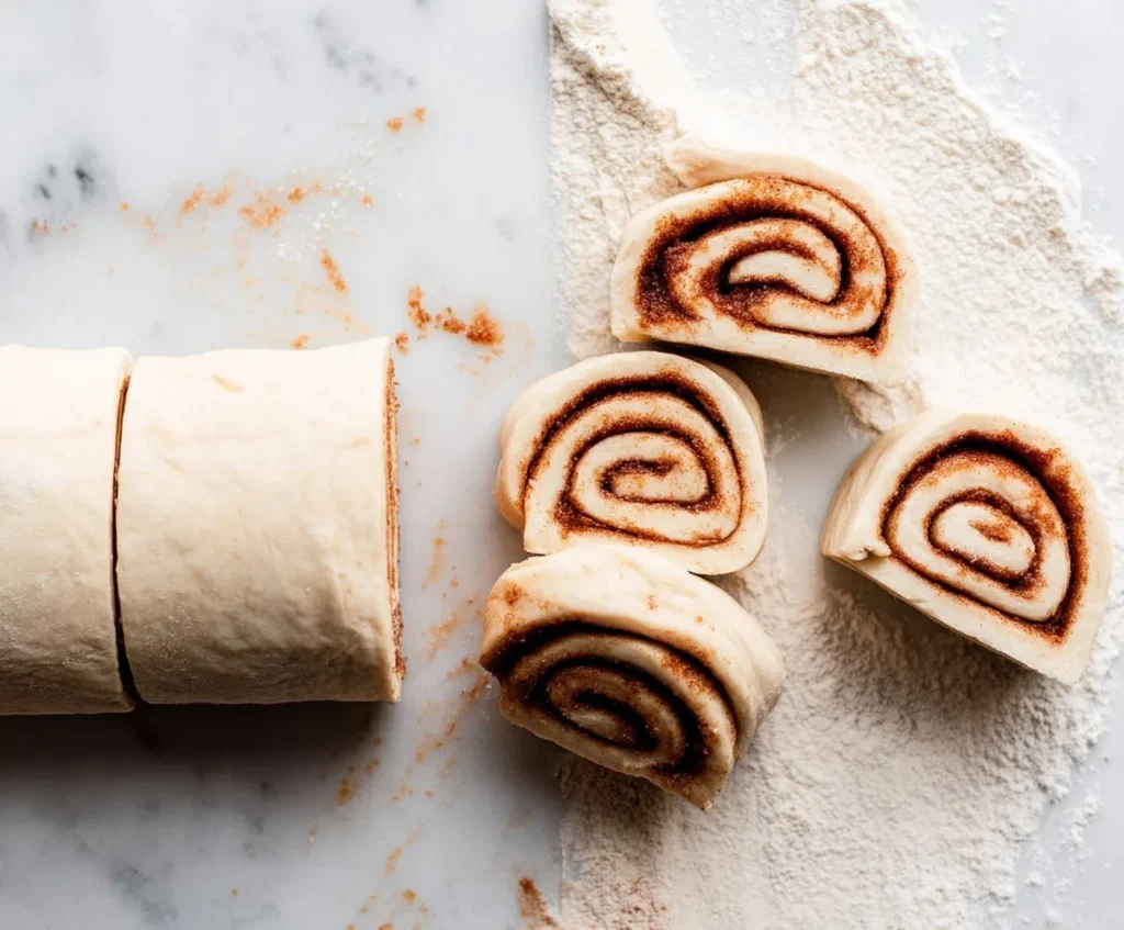 Freshly sliced cinnamon roll spirals resting on a floured marble surface, ready for baking.