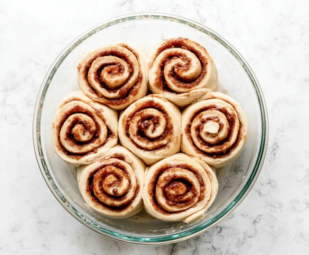 Unbaked sliced cinnamon rolls arranged in a glass bowl, ready to rise before baking.