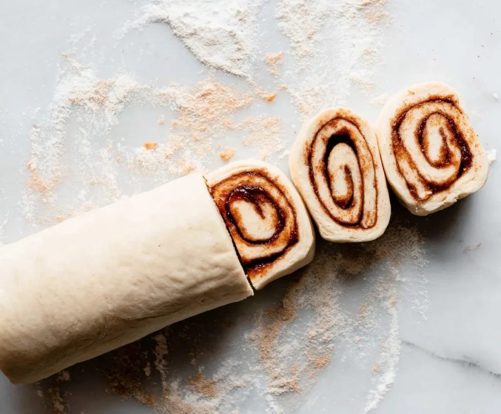 Slicing cinnamon roll dough into even spirals on a floured surface with visible cinnamon-sugar swirls.
