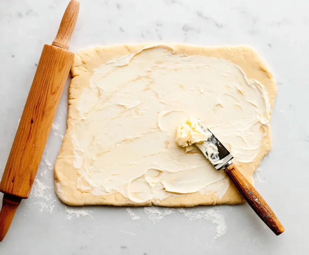 Spreading softened butter on rolled-out cinnamon roll dough with an offset spatula beside a wooden rolling pin.