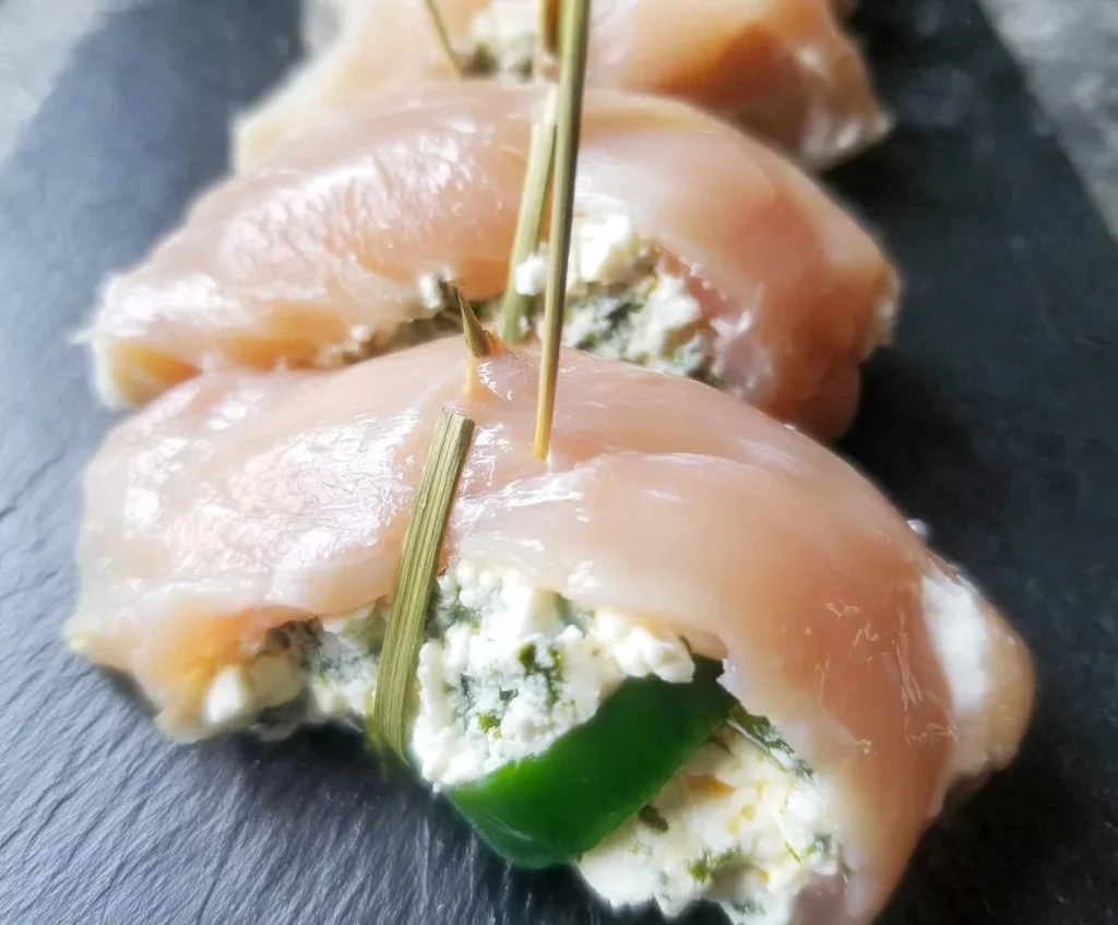 Raw chicken breasts stuffed with jalapeño and cream cheese filling secured with toothpicks before wrapping in bacon
