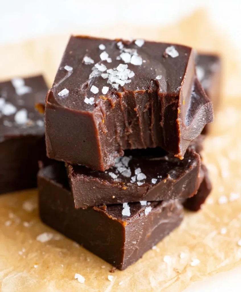 Close-up of stacked sugar free fudge squares topped with flaky sea salt and bite marks