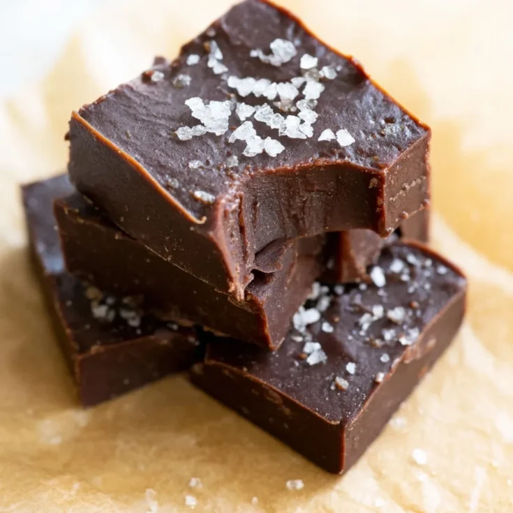 Close-up of creamy sugar free fudge square with sea salt flakes and a small bite taken out