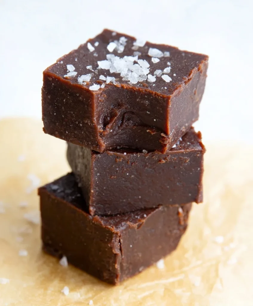 Rich and creamy sugar free fudge squares stacked on parchment paper with sea salt flakes on top