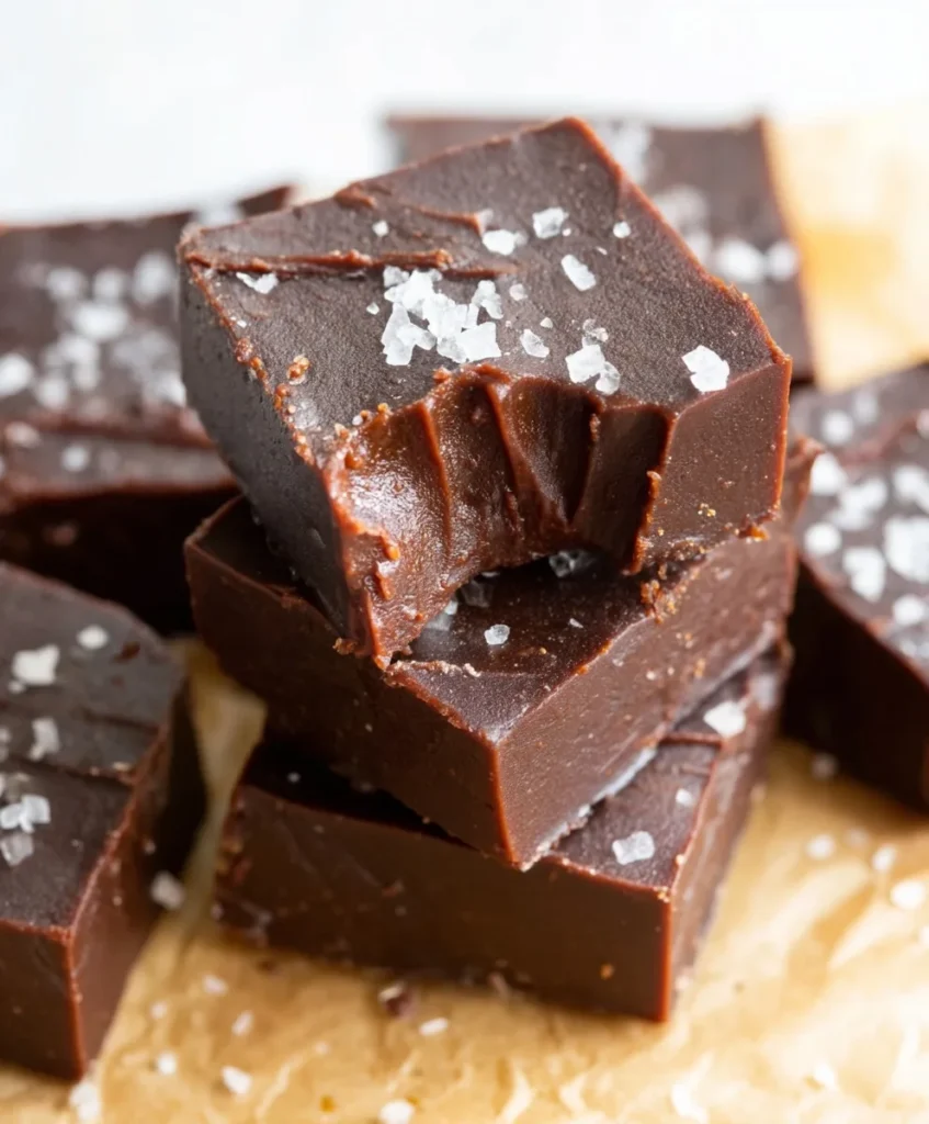 Stack of chocolate sugar free fudge squares topped with sea salt, one piece showing a bite
