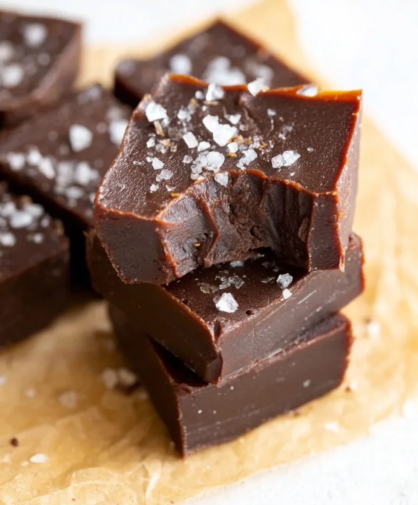 Stack of sugar free fudge squares topped with sea salt flakes, top piece showing a bite