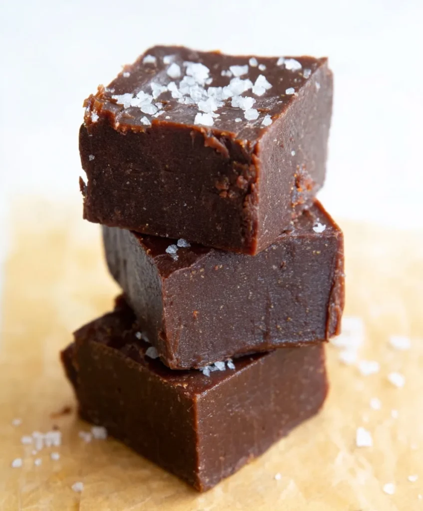 Stack of creamy sugar free fudge squares topped with sea salt flakes on parchment paper