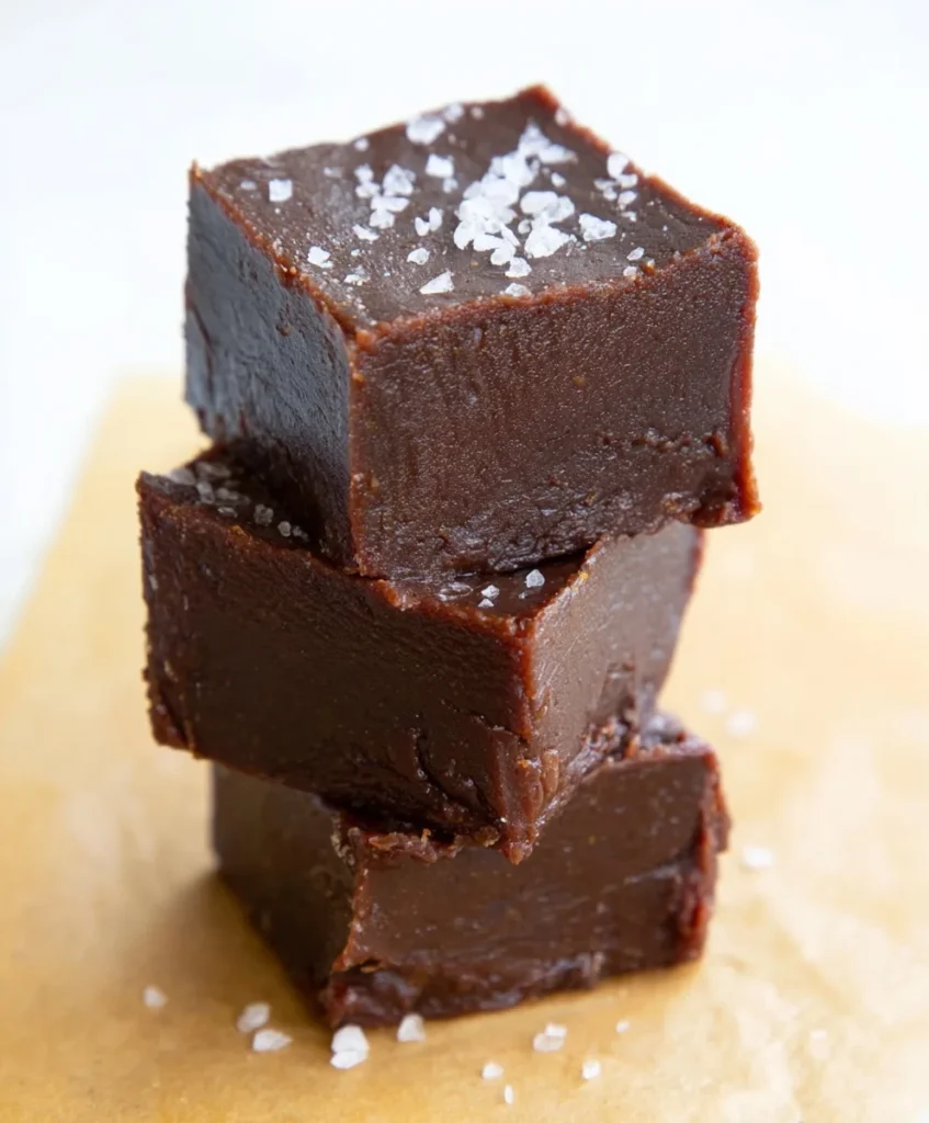 Three stacked sugar free fudge squares topped with flaky sea salt on parchment paper
