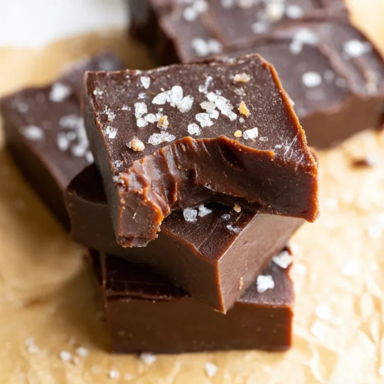Creamy sugar free fudge square with a bite taken out, sprinkled with sea salt flakes