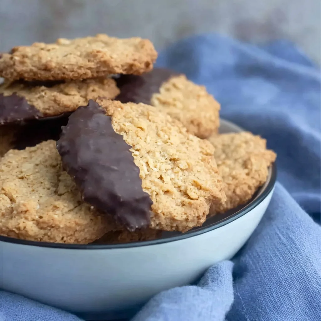 Chocolate-dipped sugar free oat biscuits in a white bowl on a blue cloth.