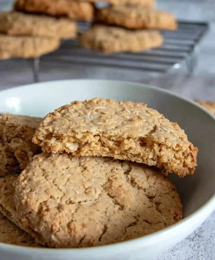 Close-up of sugar free oat biscuits in a white bowl with one broken biscuit showing soft texture and cooling rack in background.