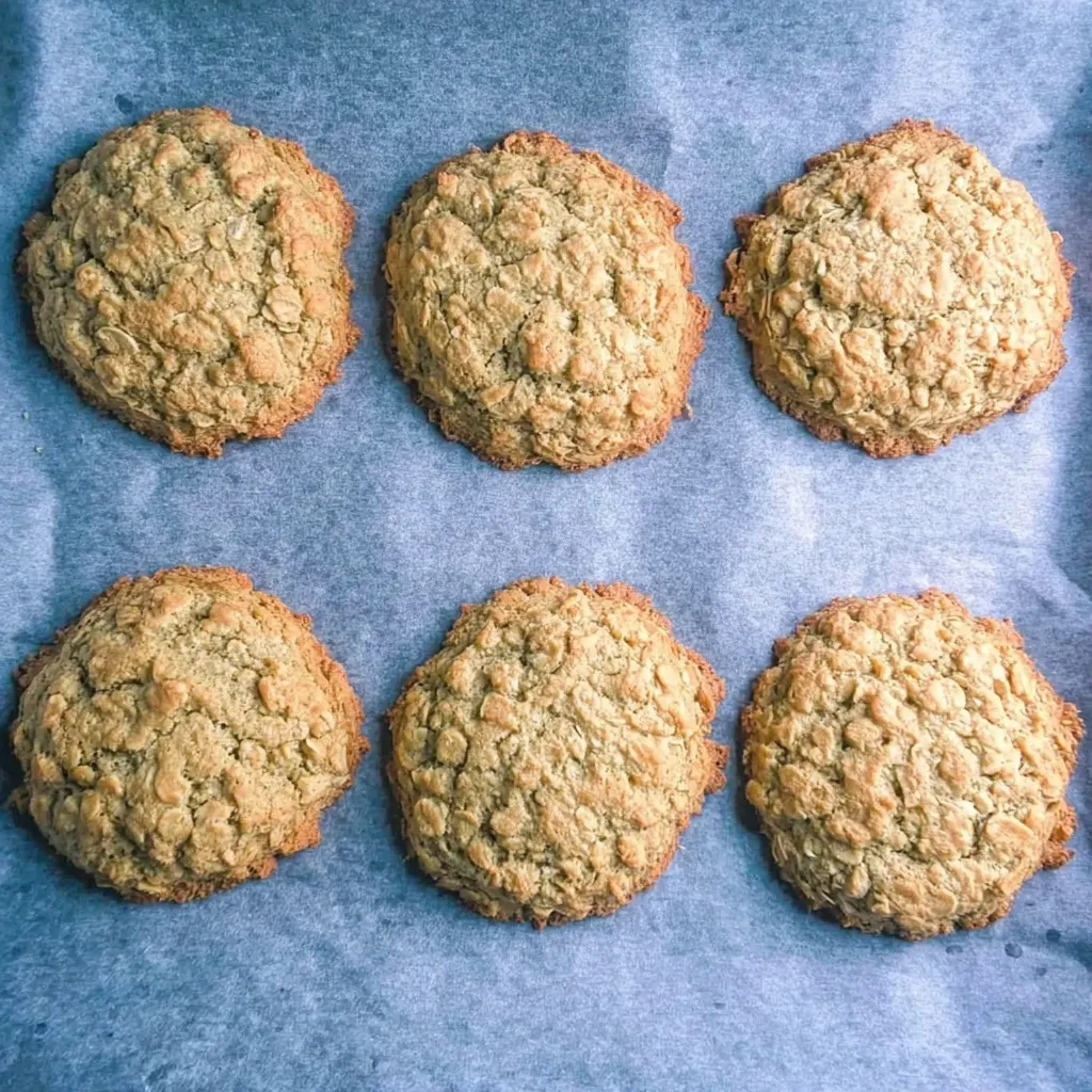 Freshly baked sugar free oat biscuits on a parchment-lined baking tray.