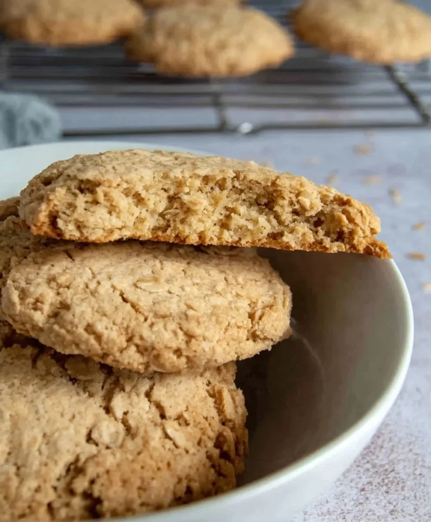 Crunchy sugar free oat biscuits stacked in a white bowl with a cooling rack in the background.