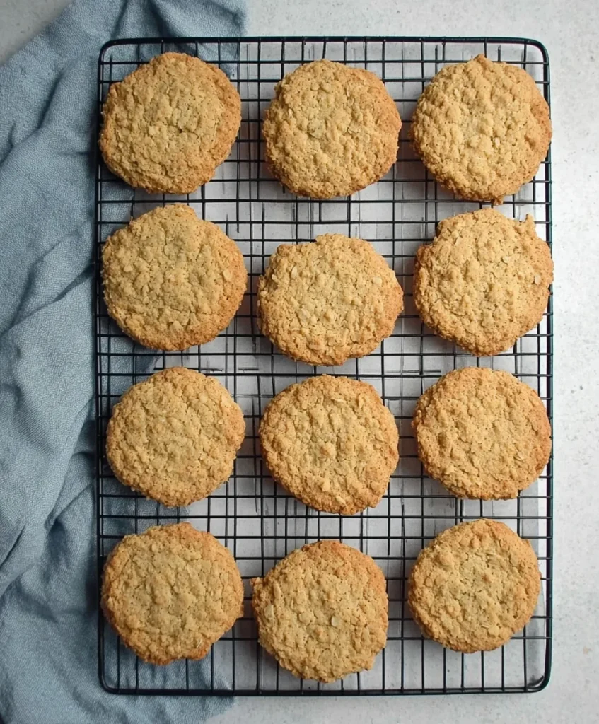 Freshly baked sugar free oat biscuits arranged neatly on a cooling rack over a blue cloth.