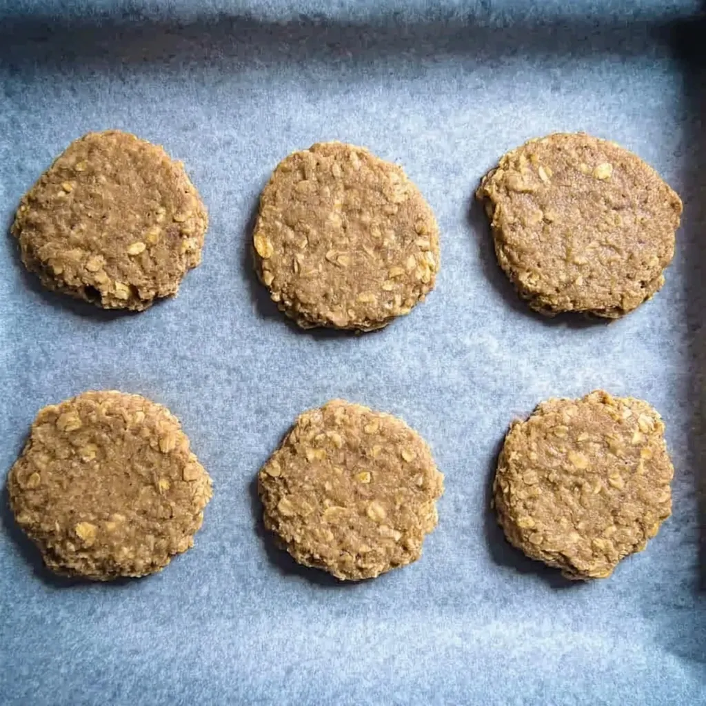 Unbaked sugar free oat biscuits shaped into round cookies on a parchment-lined baking tray.