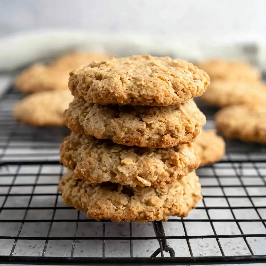 Stack of golden sugar free oat biscuits on a cooling rack with more biscuits in the background.