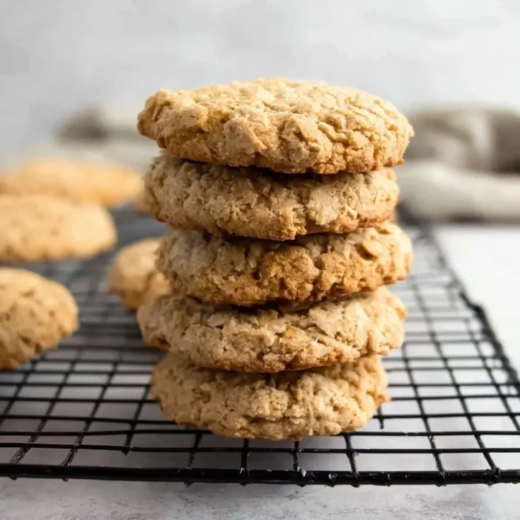 Stack of freshly baked sugar free oat biscuits cooling on a wire rack with more biscuits in the background.