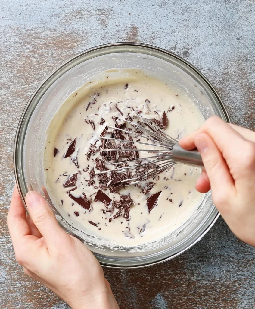 Whisking melted chocolate and cream together in a bowl to make chocolate cream pie filling.