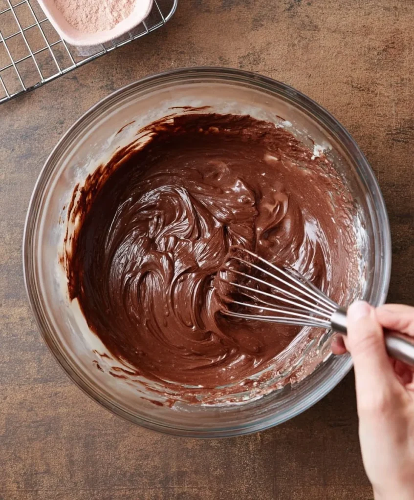 Whisking smooth chocolate pudding mixture in a glass bowl to make pie filling.