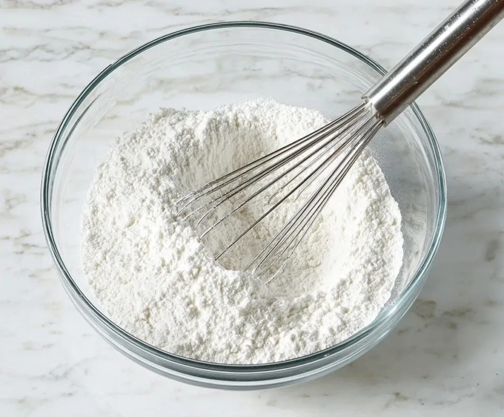 Flour mixture being whisked in a glass bowl to prepare dry ingredients for blueberry lemon pound cake.