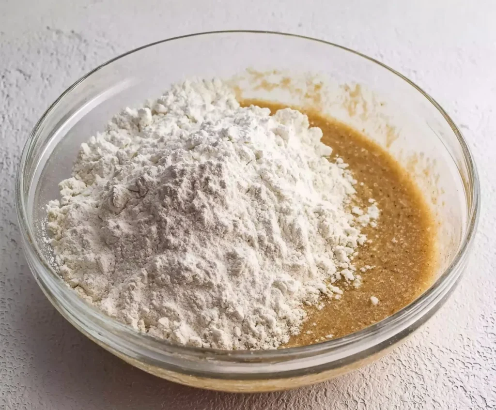 A large pile of flour sitting on top of banana bread batter in a clear glass bowl