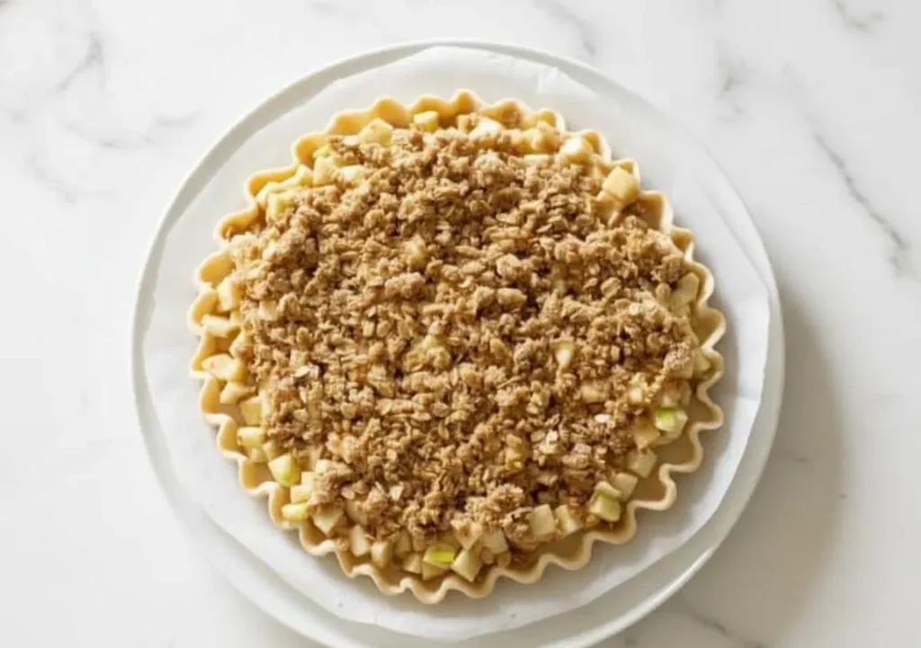 Unbaked apple crisp pizza covered with oat crumble on a flaky crust, ready to go in the oven.