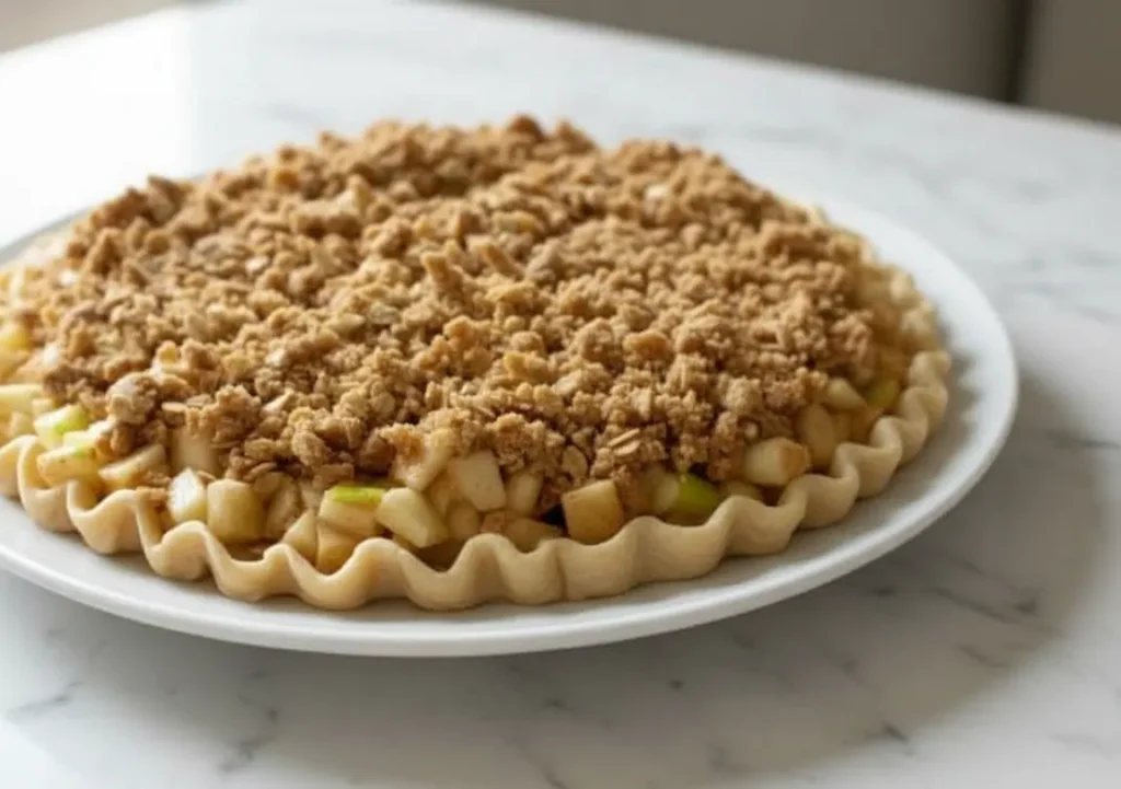 Unbaked apple crisp pizza topped with a buttery oat crumble layer before baking.