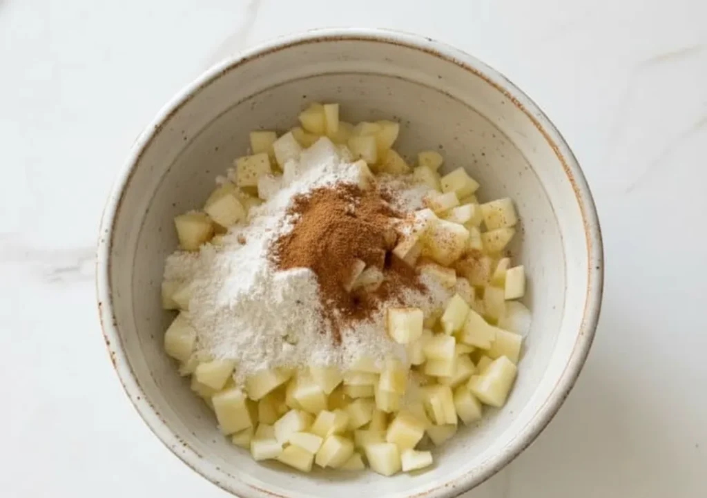 Chopped apples in a bowl mixed with flour, sugar, and cinnamon for apple crisp pizza filling.