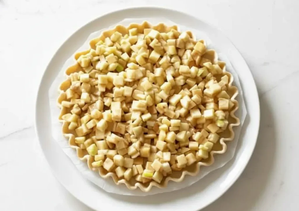 Unbaked apple crisp pizza with diced cinnamon apples layered evenly on top of a pie-style crust.