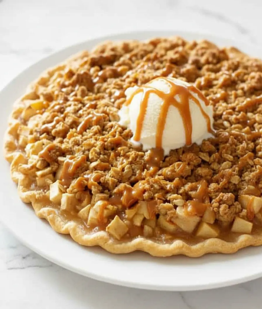 Close-up of warm apple crisp pizza topped with a scoop of vanilla ice cream and caramel drizzle on a golden crust.