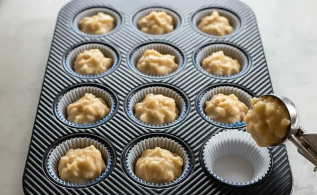 Batter for homemade apple muffins in paper liners, ready to bake.