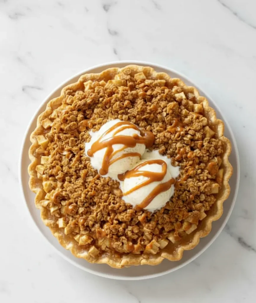 Freshly baked apple crisp pizza topped with two scoops of vanilla ice cream and drizzled with caramel sauce on a white plate.