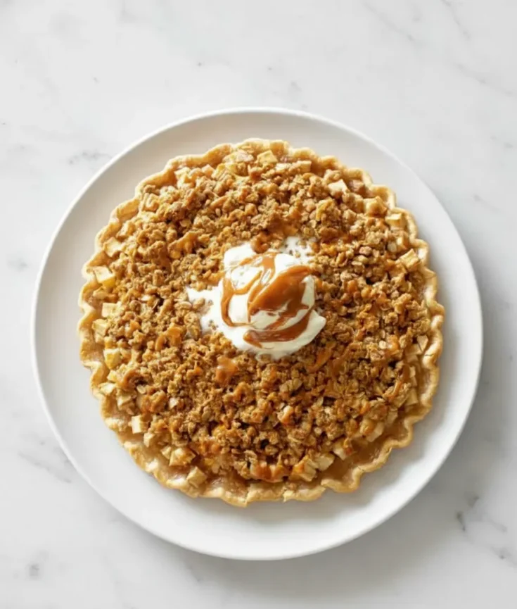 Freshly baked apple crisp pizza topped with whipped cream and caramel drizzle on a white plate.