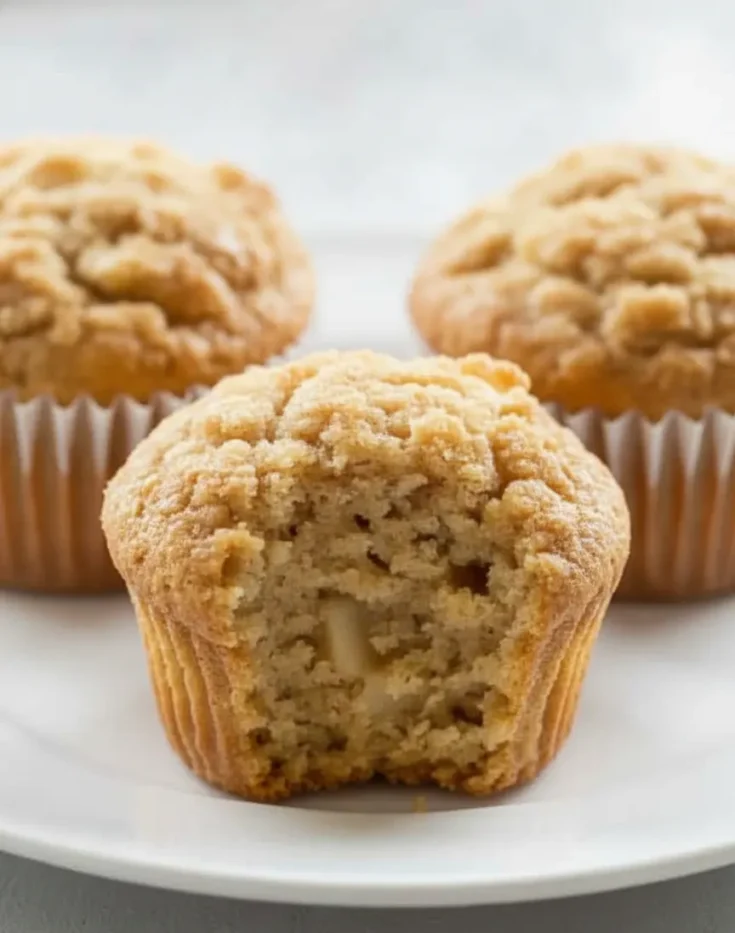 Close-up of baked apple muffins with crumb topping and soft texture.
