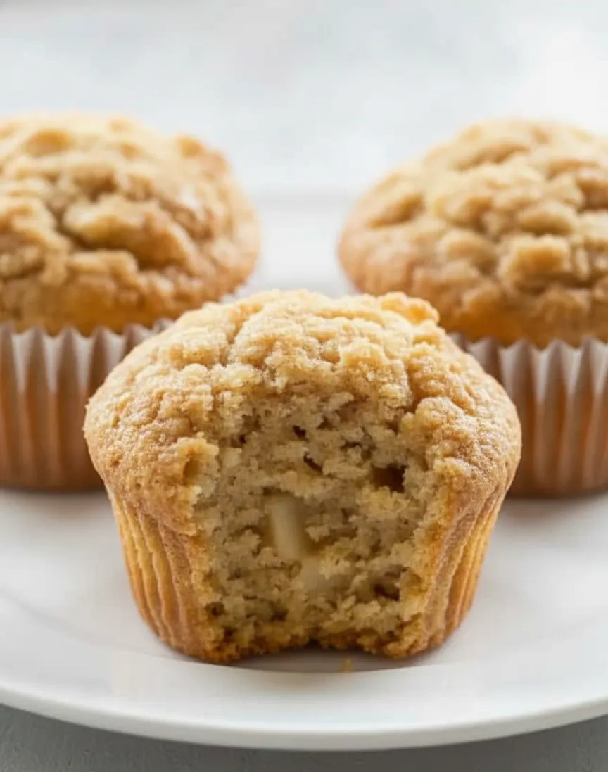 Close-up of baked apple muffins with crumb topping and soft texture.