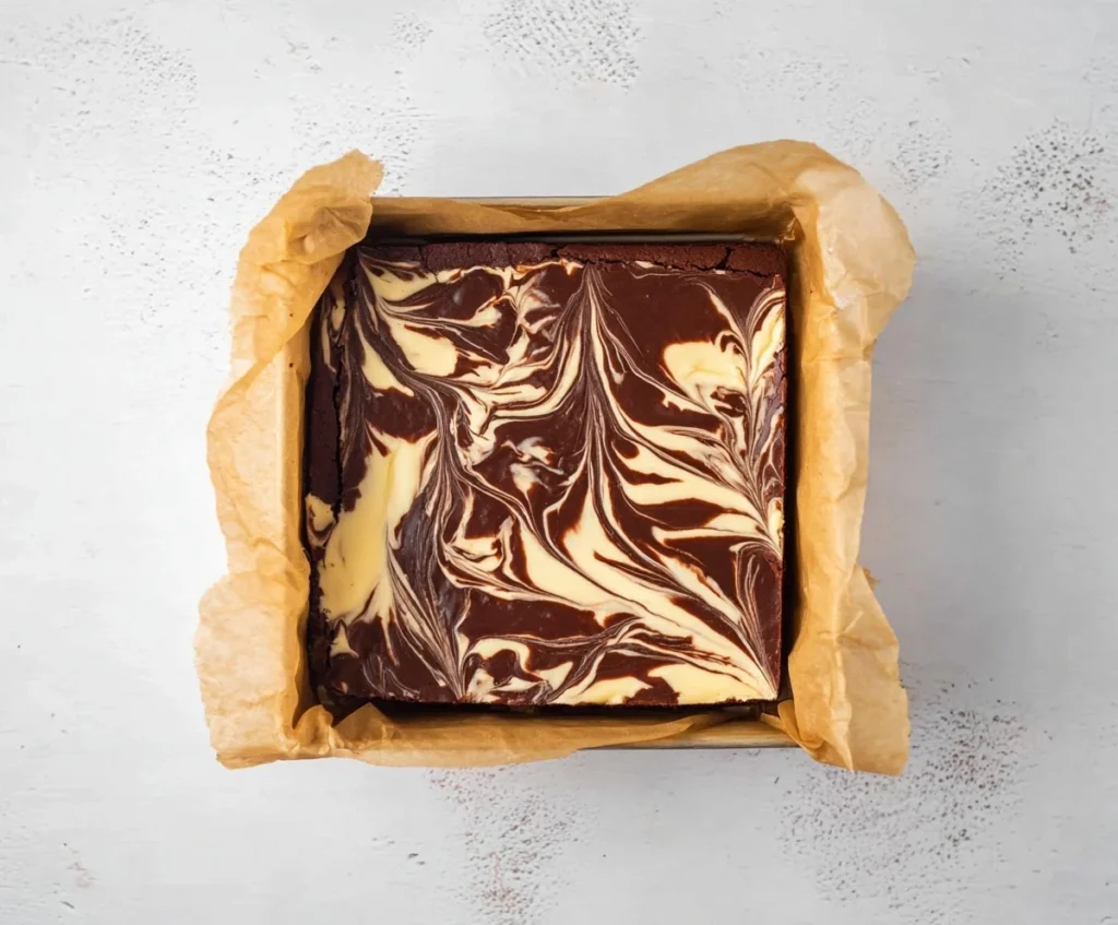 Overhead photo of freshly baked Cream Cheese Brownies in a parchment-lined pan, showing glossy chocolate and creamy cheesecake swirls.