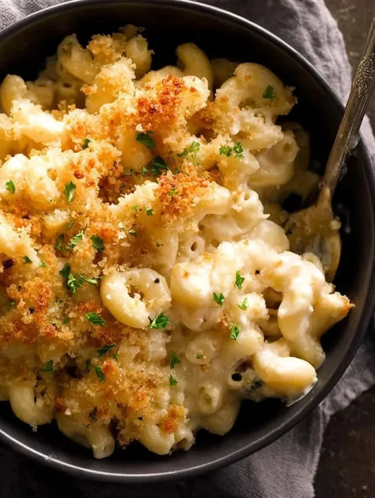 Bowl of creamy baked mac and cheese topped with a golden crispy topping and fresh herbs.