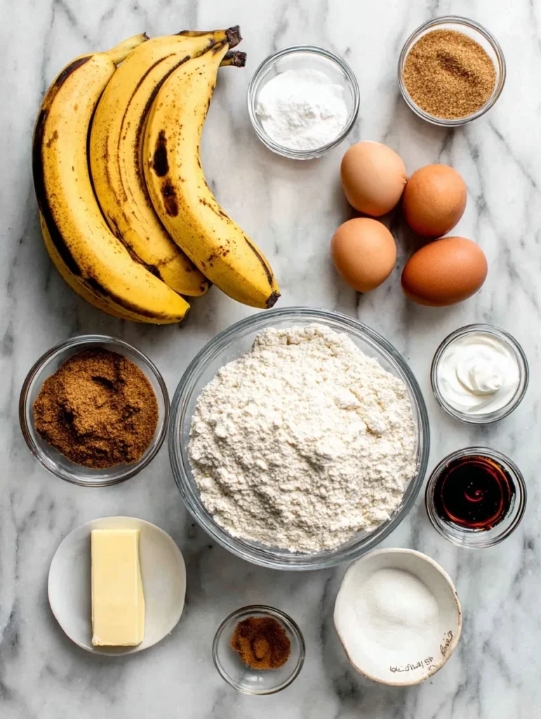 Flat-lay of banana bread ingredients including ripe bananas, flour, eggs, butter, sugar, baking powder, and vanilla.