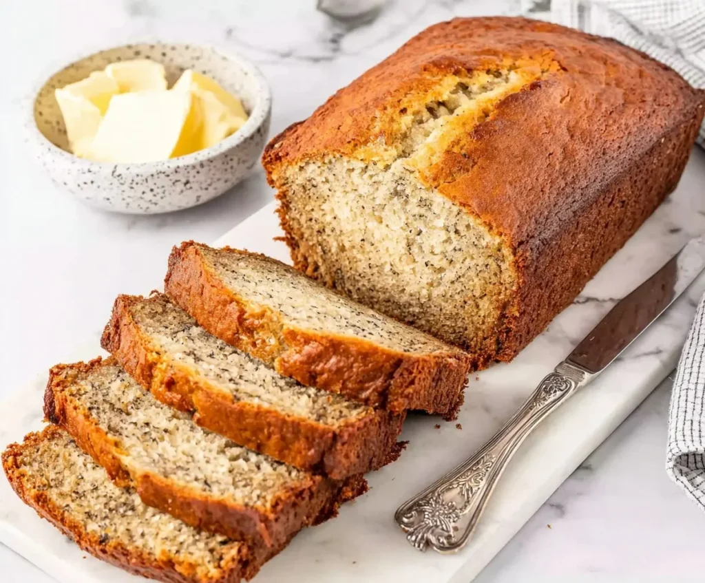 Sliced banana bread loaf displayed on a marble board with a bowl of butter on the side.