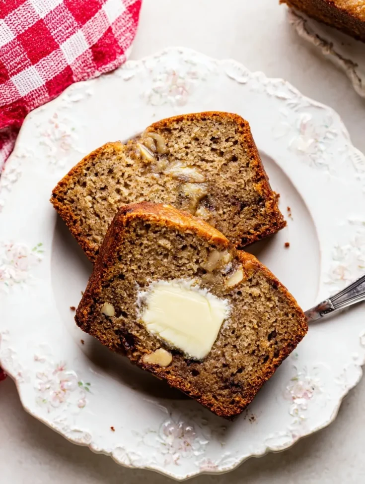 Two slices of moist banana bread on a floral plate, one topped with melting butter.