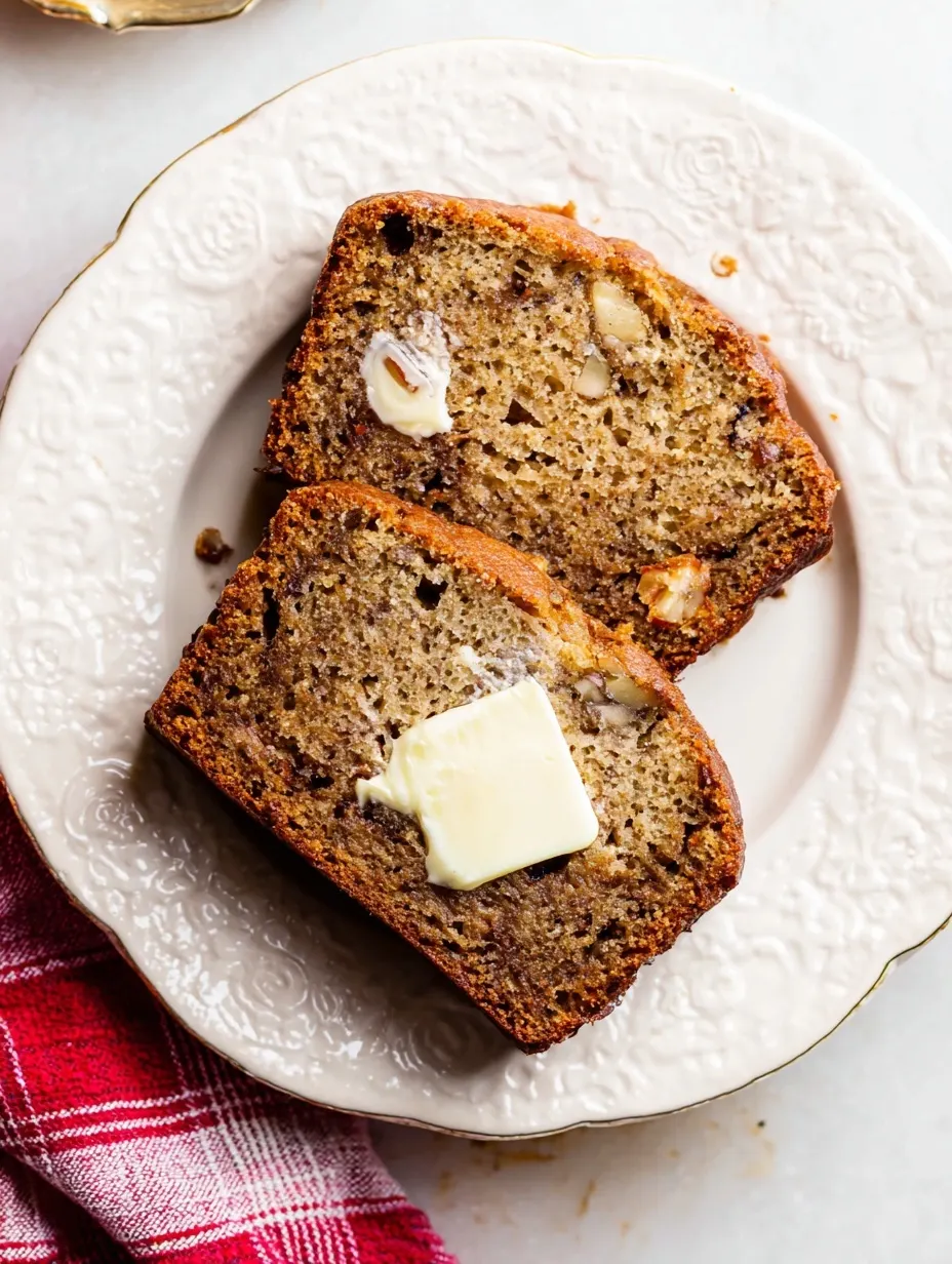 Two slices of banana bread on a white plate, one topped with a melting square of butter.