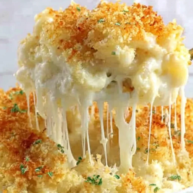 Cheesy baked mac and cheese lifted with a spoon, showing melty cheese strings and a golden crispy topping.