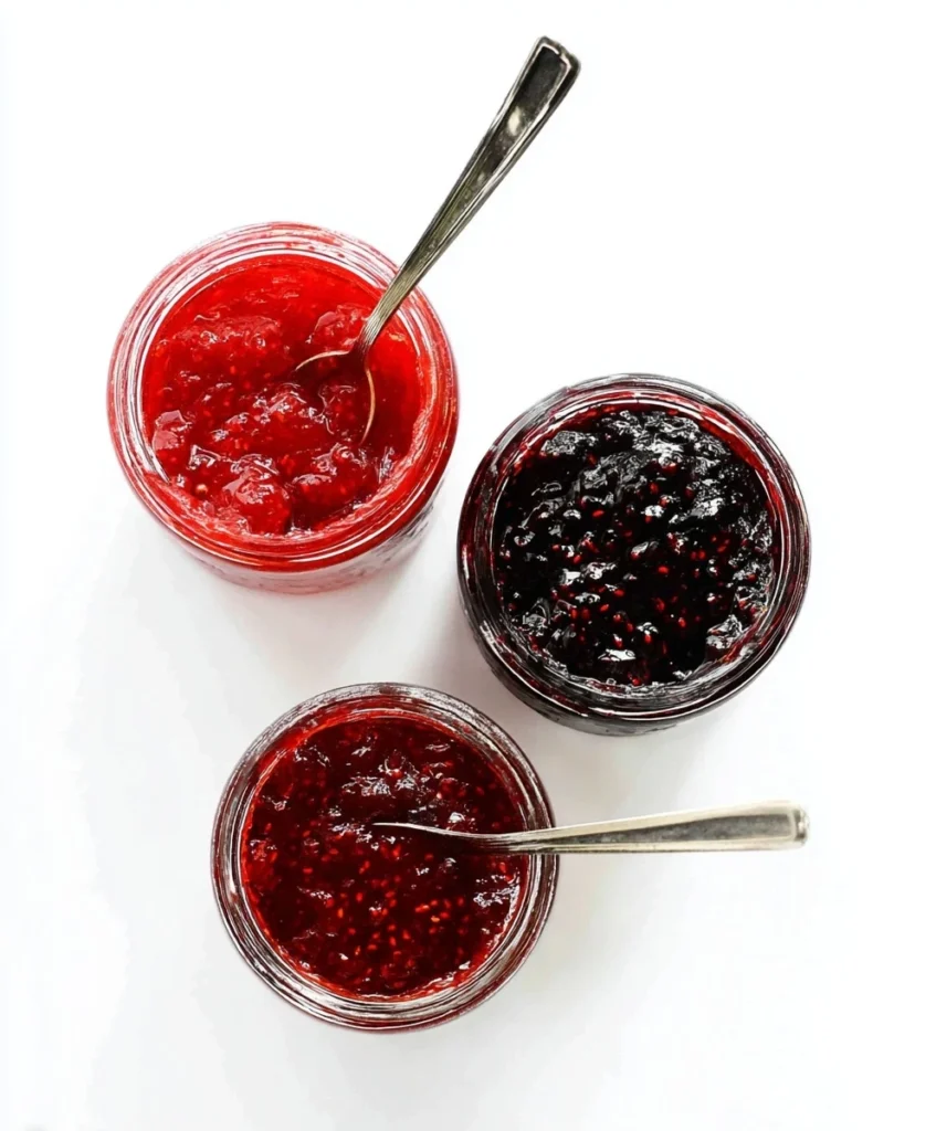 Three open jars of homemade chia seed jam — strawberry, blueberry, and raspberry — shot from above, showing their vibrant natural colors and spoon texture.