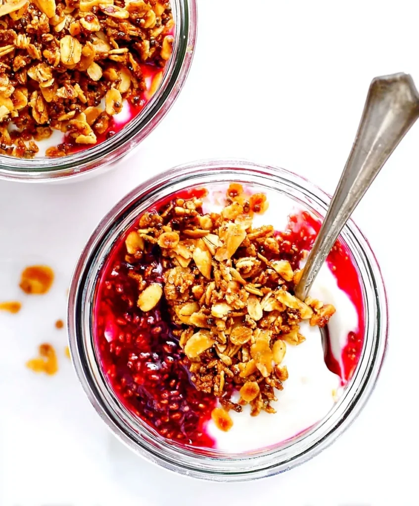 Glass jars filled with creamy yogurt, raspberry chia seed jam, and crunchy granola on top — a healthy breakfast parfait idea.