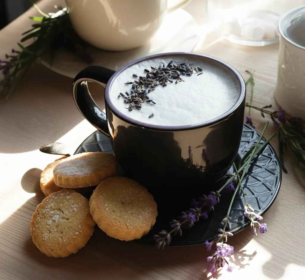 Close-up of a frothy London Fog Tea topped with lavender and surrounded by cookies and fresh flowers.
