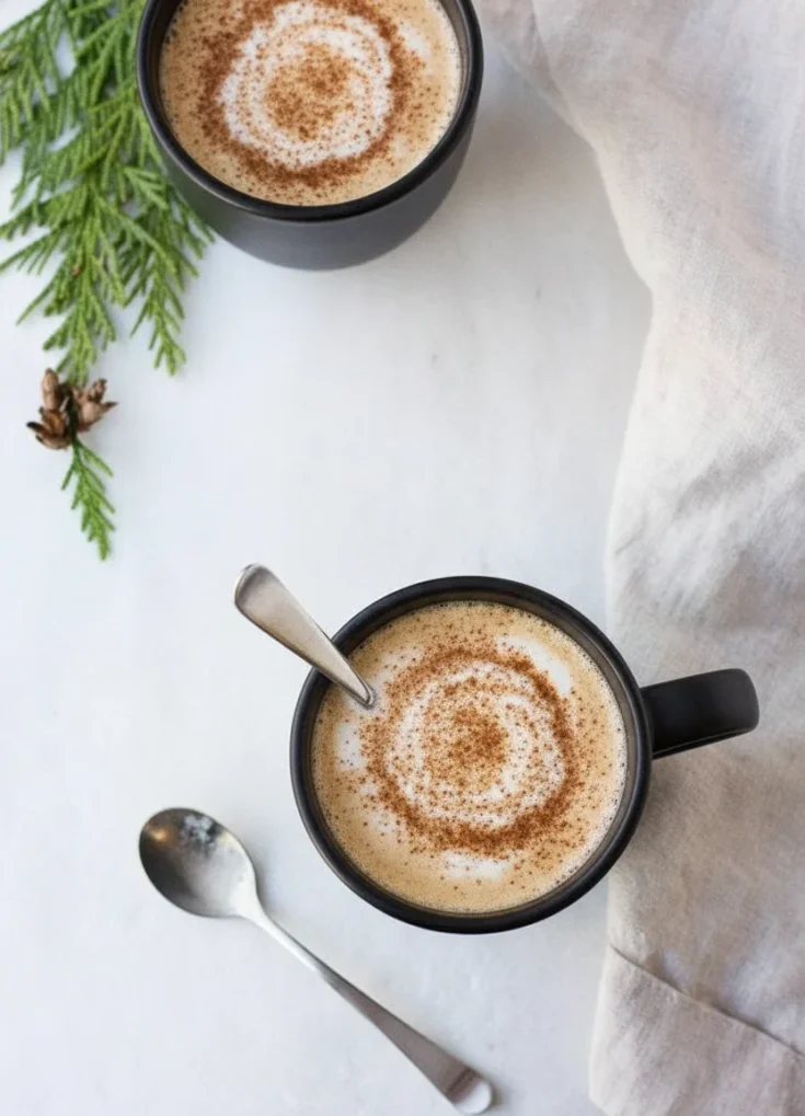 Frothy eggnog chai latte with cinnamon swirl in a matte black mug