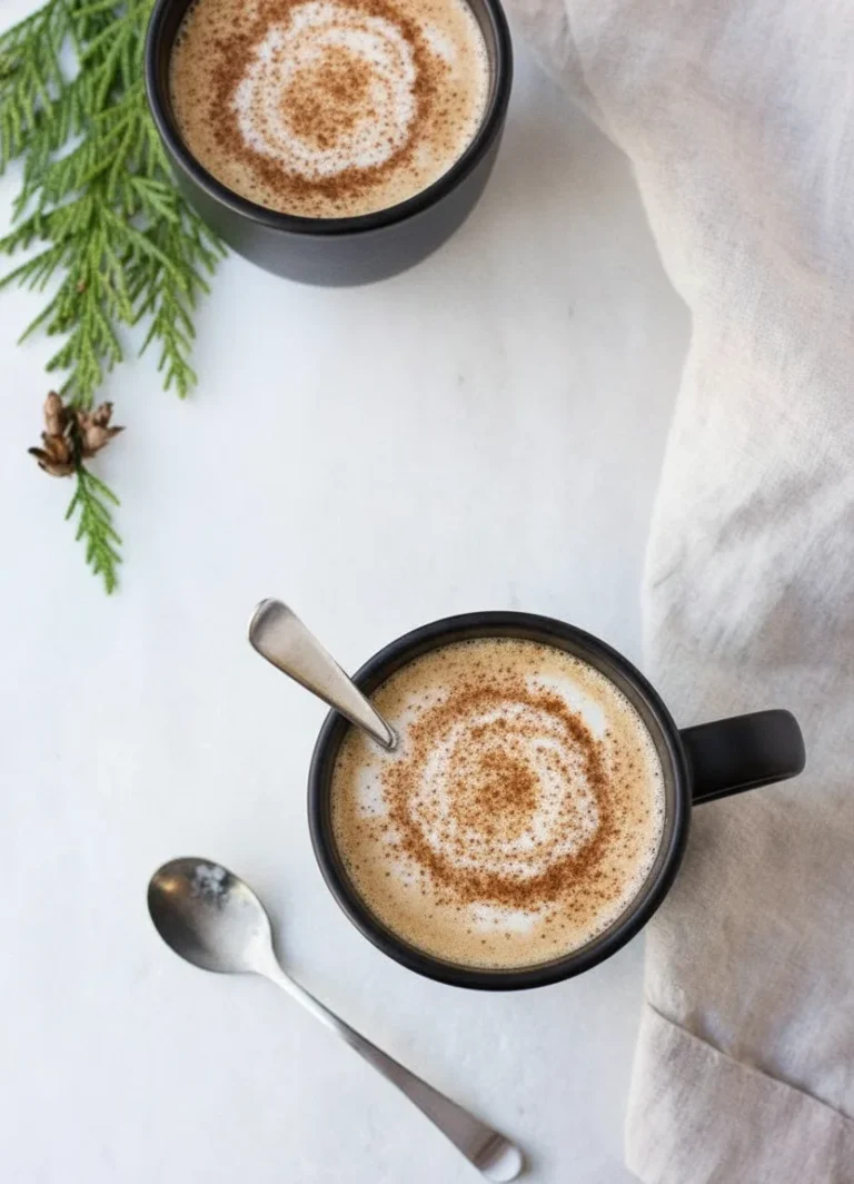 Frothy eggnog chai latte with cinnamon swirl in a matte black mug