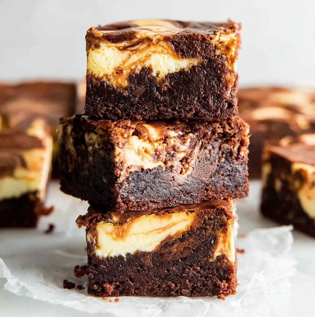 Stack of three Cream Cheese Brownies showing thick fudgy chocolate layers and creamy cheesecake swirls on parchment paper.